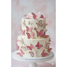 Deniz Party Store Gold Varaklı Pembe 3 D 21 Li Kelebek Sticker Balon Pasta Süsü