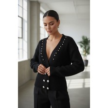 Newco Kadın Siyah Inci Düğme Detaylı Balon Kol V Yaka Triko Hırka