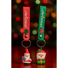 2'li Yılbaşı Temalı Silikon Anahtarlık Seti–noel Baba, Kardan Adam ve Hediye Kutusu Figürlü