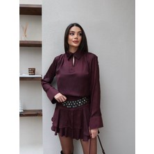 Esra Helvacı Vatkalı Kemer Detaylı Saten Etekli Takım