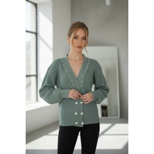 Newco Kadın Inci Düğme Detaylı Balon Kol V Yaka Triko Hırka