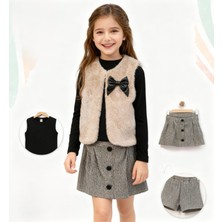 Kinnem Kız Şort Etekli Peluş Yelekli Takım Badi Dahil 3lü Takım