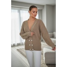 Newco Kadın Inci Düğme Detaylı Balon Kol V Yaka Triko Hırka