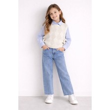 Cansın Mini Mavi Düğmeli Gömlekli Jean Pantolonlu Kız Çocuk Triko Süveterli 3lü Takım 23534