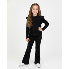 Ege Bebek Kız Çocuk Fitilli Taşlı Mevsimlik Şık 2'li Takım L 4-12 Yaş Taşlı Ispanyol Paçalı Tayt ve Bluz