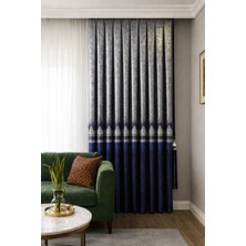 Fluiana  Pano Fon Perde Sık Pile Dikim|lacivert Gümüş Renk|desen Nakışlı Blackout Özellikli