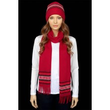 Desen Triko Kadın Kenarları Jakarlı Püsküllü Yün Kaşkol K.kırmızı