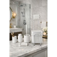 Decorev Modern Beyaz Standlı Banyo Aksesuar Seti -Click Kapaklı Banyo Kovası, Sabunluk,diş Fırçalık Seti