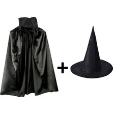 Depozee Siyah Yakalı Pelerin ve Siyah Cadı Şapkası Seti Çocuk Boy