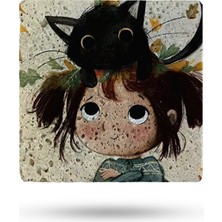 Begoloni Doğal Taş Nihale 20X20CM Küçük Kız ve Kedi Deseni Baskılı Taş Çaydanlık Altlığı-Tencere Tava Altlığı