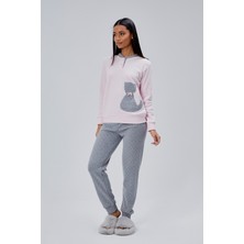 Moon Cover Mooncover Kadın Kedi Nakışlı Yarım Pat Düğmeli Kışlık Pijama Takımı – Pembe & Gri