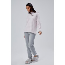 Moon Cover Mooncover Kadın Kareli Üst Yarım Pat Düğmeli Kışlık Pijama Takımı – Pembe & Gri