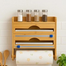 Welcomein Bambu 4’ü 1 Arada Mutfak Organizeri – Streç ve Folyo Kesici, Kağıt Havluluk, Duvara Monte Doğal Bambu Düzenleyici