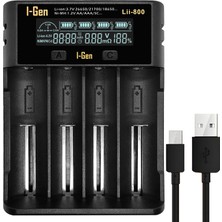 I-Gen Batteries Lii-800 Akıllı Li-Ion Pil Şarj Cihazı, Type-C Girişli, LCD Ekranlı, 4 Slot Şarj, Li-Ion & Ni-Mh Uyumlu (18650 / 21700 / Aa / Aaa)