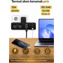 Neler Geldi Neler Termal Akım Korumalı 3 Priz / 3 USB / 1 Typec 20W Girişli 2500W Duvar Tipi 3 Lü Priz