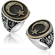 Gümüş Göktürkçe Alfabesi Yazılı Ay Yıldız Erkek Yüzük