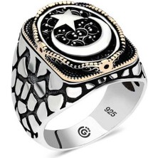 Gümüş Ay Yıldız Oval Erkek Yüzük