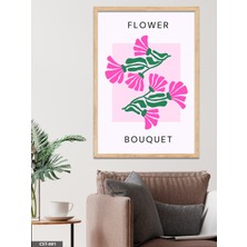 Evine Moda Pembe Çiçek Illüstrasyon Flower Bouquet Yazılı Tek Parça Ahşap Çerçeveli Tablo