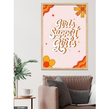 Evine Moda Turuncu Fonlu Girls Support Girls Yazılı Tek Parça Ahşap Çerçeveli Tablo