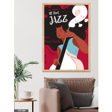 Evine Moda Siyah Fonlu Caz Illüstrasyon Jazz Yazılı Tek Parça Ahşap Çerçeveli Tablo