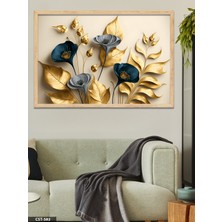 Evine Moda Zarif Altın ve Mavi Çiçekler Tek Parça Ahşap Çerçeveli Tablo