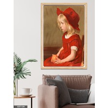 Evine Moda Kırmızı Elbiseli Kız Portre Tek Parça Ahşap Çerçeveli Tablo