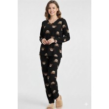 Karsel Premium Süet Dokulu Ayıcık Desenli Siyah Pijama Takımı