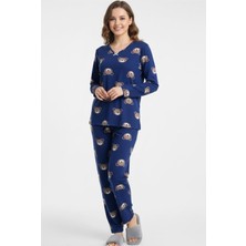 Karsel Premium Süet Dokulu Ayıcık Desenli Mavi Pijama Takımı