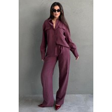 Madmext Bordo Tensel Kumaş Düğmeli Kadın Gömlek Takım MG2621