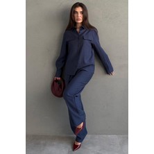 Madmext Lacivert Tensel Kumaş Düğmeli Kadın Gömlek Takım MG2621