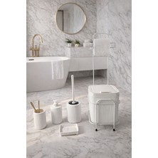 Decorev Standlı Beyaz Banyo Aksesuar Seti Tuvalet Fırçası, Banyo Kovası, Sabunluk ve Diş Fırçalık Seti