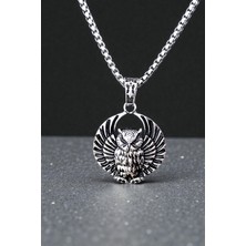Ak Store Silver Erkek, Baykuş Owl (Bilgeliğin Sembolü) Figürlü K-175 Paslanmaz Koromix Çelik Gümüş Kaplama Kolye