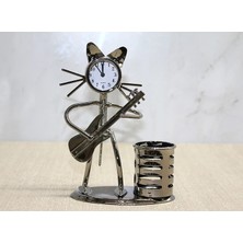 MiraLive Metal Gitar Çalan Müzisyen Kedi Saat ve Kalemlik