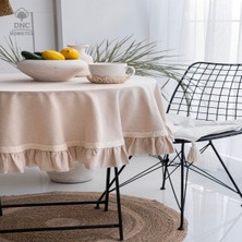 Bej Keten Yuvarlak Fırfırlı Özel Seri Masa Örtüsü