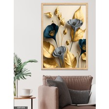 Evine Moda Zarif Altın ve Mavi Çiçekler Tek Parça Ahşap Çerçeveli Tablo
