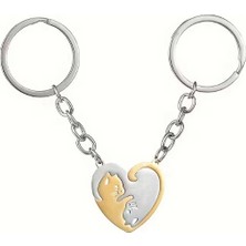 Herşey Nota Çift Kedi Ikili Sevgili Anahtarlık Seti Gold Gümüş Iç Içe Geçen Kalp Anahtarlık