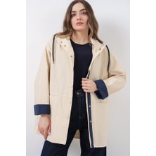 Queene Dreams Teknik Kumaş Kapüşonlu Trençkot 5972 - Ekru