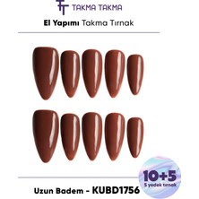 Takma Takma KUBD1756 Uzun Badem 15'li Tekrar Kullanılabilir El Yapımı Protez Takma Tırnak Kahverengi-S