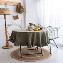Premium Keten Haki Fırfırlı Yuvarlak Masa Örtüsü