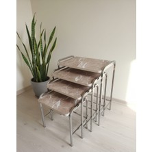 Can Vista Home 4'lü kahve mermer desenli Krom Metal Ayaklı Dikdörtgen Zigon Sehpa