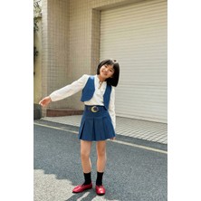 Magu Kız Çocuk Pamuklu Lacivert Yelekli Pileli Etek Takım – Uzun Kollu Bluz Dahil 3'lü