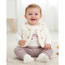 Ege Bebek Kız Bebek Peluş Yelekli, 3'lü Mevsimlik Şık 3-6-9-12-18 Aylık Alt Üst Şık Takım