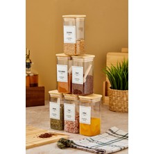 Moda Ozy 6'lı 300ML Kare  Bambu Vakum Kapaklı Kaşıklı Borosilikat Baharat Takımı (Etiket Hediyeli)