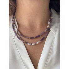 Leylak Ametist Taşlı ve Incili Kolye