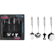 Ikonik Lezzet Seti-Şık Paslanmaz (Spatula, Kepçe, Servis ve Süzgeç Kaşığı)