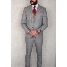 Jan Carlucci Slim Fit Sivri Yaka-Çift Yırtmaç Gri Kareli Kombinli  Drop 6 Yelekli Takım Elbise
