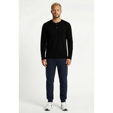 Cottonland Erkek Celso Uzun Kollu Düğmeli O Yaka Baskısız Penye Tişört Siyah