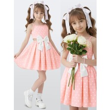 Denokids Kız Çocuk Elbise Pamuk Poplin Pembe Beyaz Puantiyeli Büyük Fiyonk Detaylı Ilkbahar Yaz Sezonu 4-8 Yaş