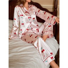 Bella Notte Saten Kiraz Baskılı Uzun Pijama Takımı