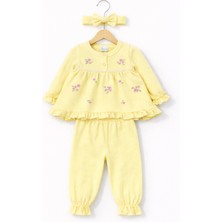 Mini Kanka Çiçek Nakışlı Fırfırlı Kız Bebek 3’lü Takım – Saç Bantlı Şık Alt Üst Kombin